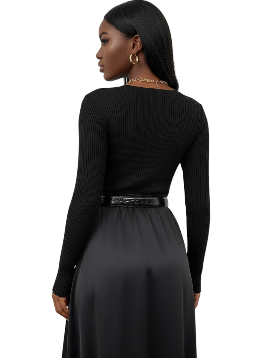 Breslin | Women's Ribbed Button-Up Long Sleeve Top — Sleek, Sculpted & Effortlessly Chic