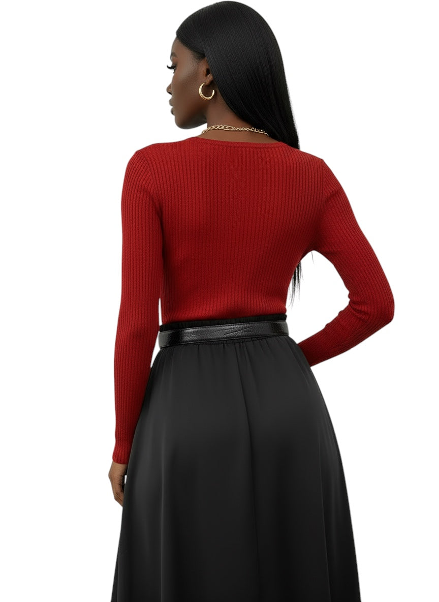 Breslin | Women's Ribbed Button-Up Long Sleeve Top — Sleek, Sculpted & Effortlessly Chic