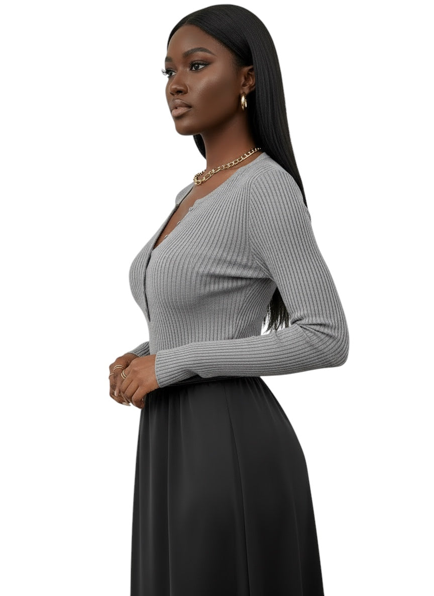 Breslin | Women's Ribbed Button-Up Long Sleeve Top — Sleek, Sculpted & Effortlessly Chic