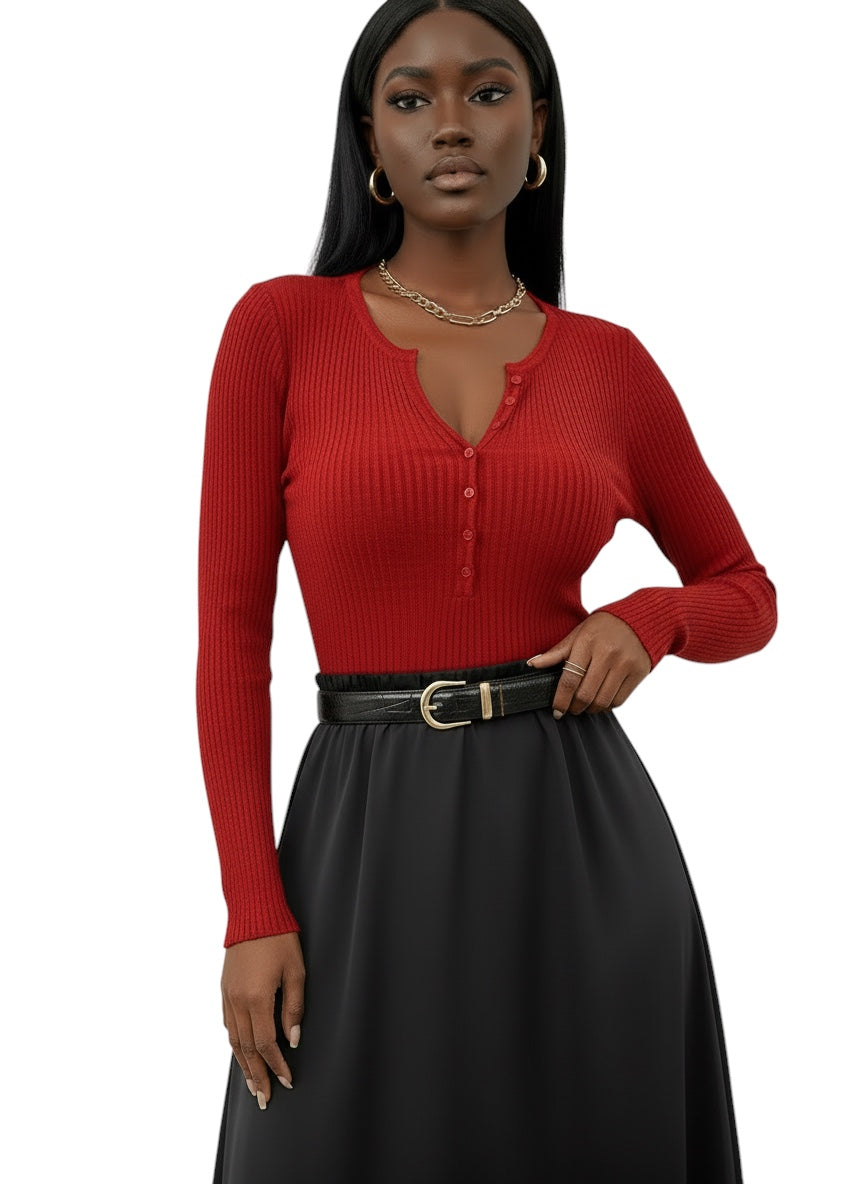 Breslin | Women's Ribbed Button-Up Long Sleeve Top — Sleek, Sculpted & Effortlessly Chic