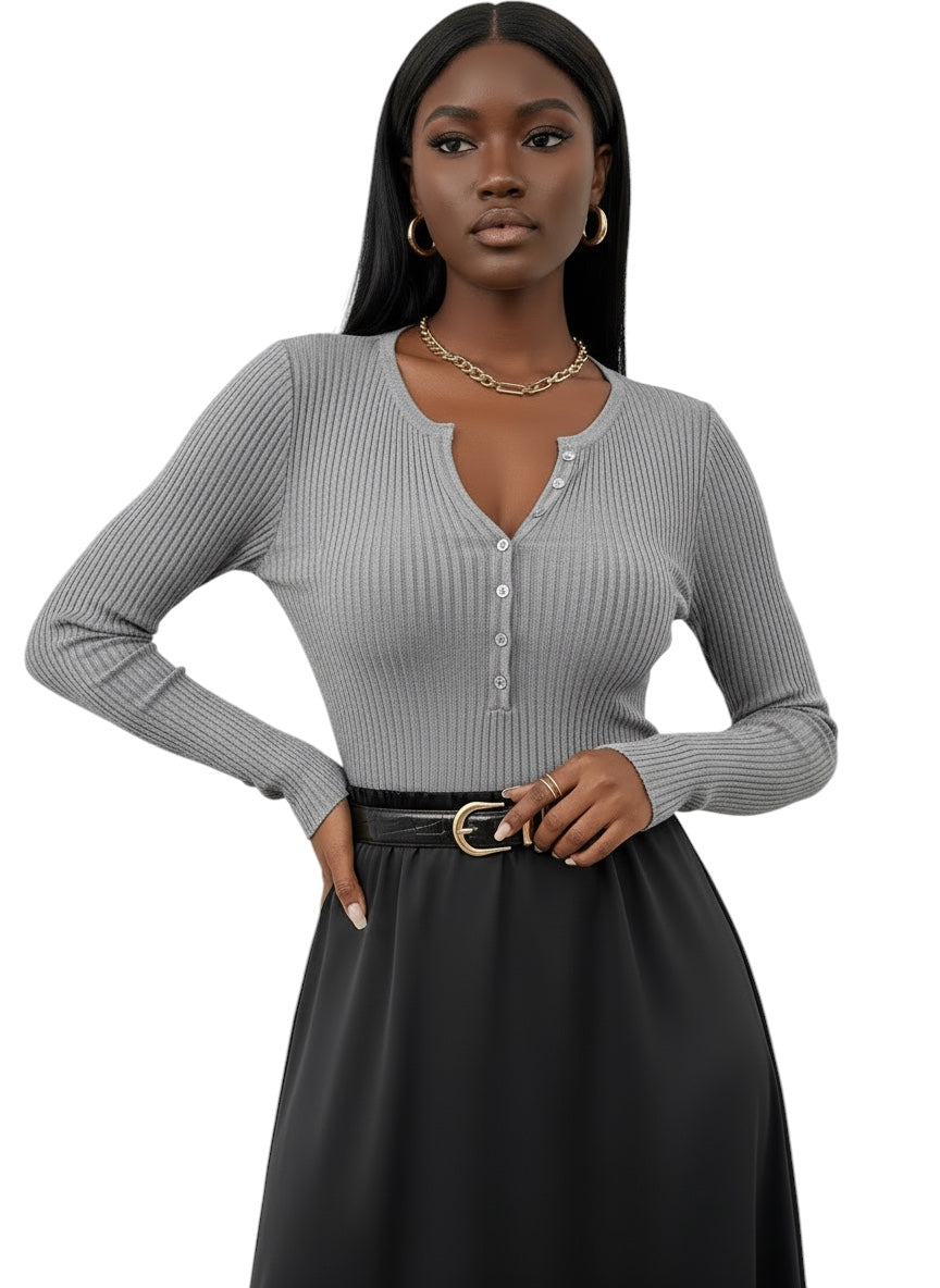 Breslin | Women's Ribbed Button-Up Long Sleeve Top — Sleek, Sculpted & Effortlessly Chic