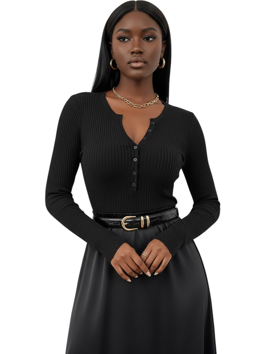 Breslin | Women's Ribbed Button-Up Long Sleeve Top — Sleek, Sculpted & Effortlessly Chic