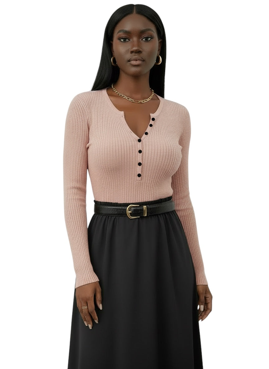 Breslin | Women's Ribbed Button-Up Long Sleeve Top — Sleek, Sculpted & Effortlessly Chic