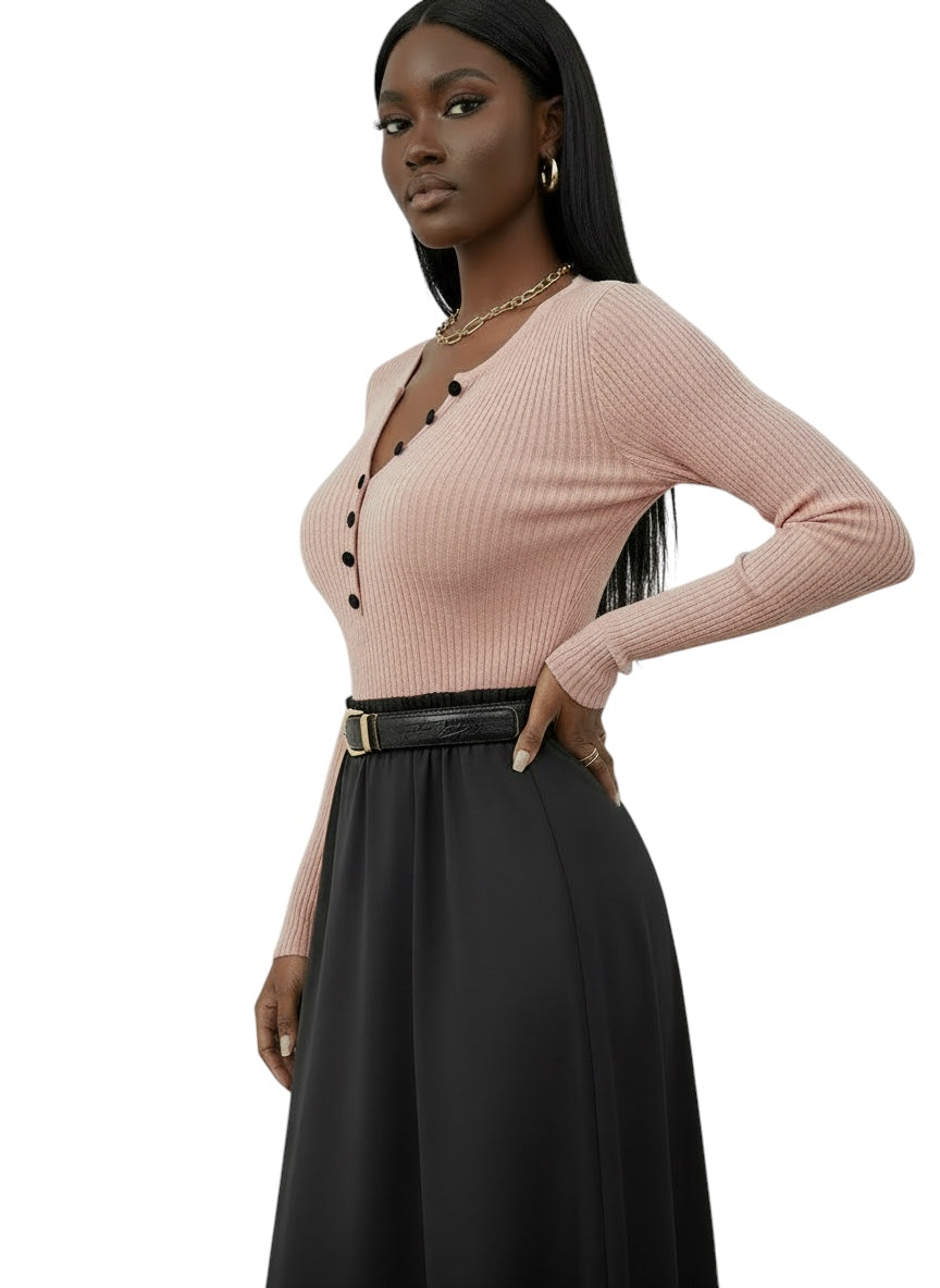 Breslin | Women's Ribbed Button-Up Long Sleeve Top — Sleek, Sculpted & Effortlessly Chic