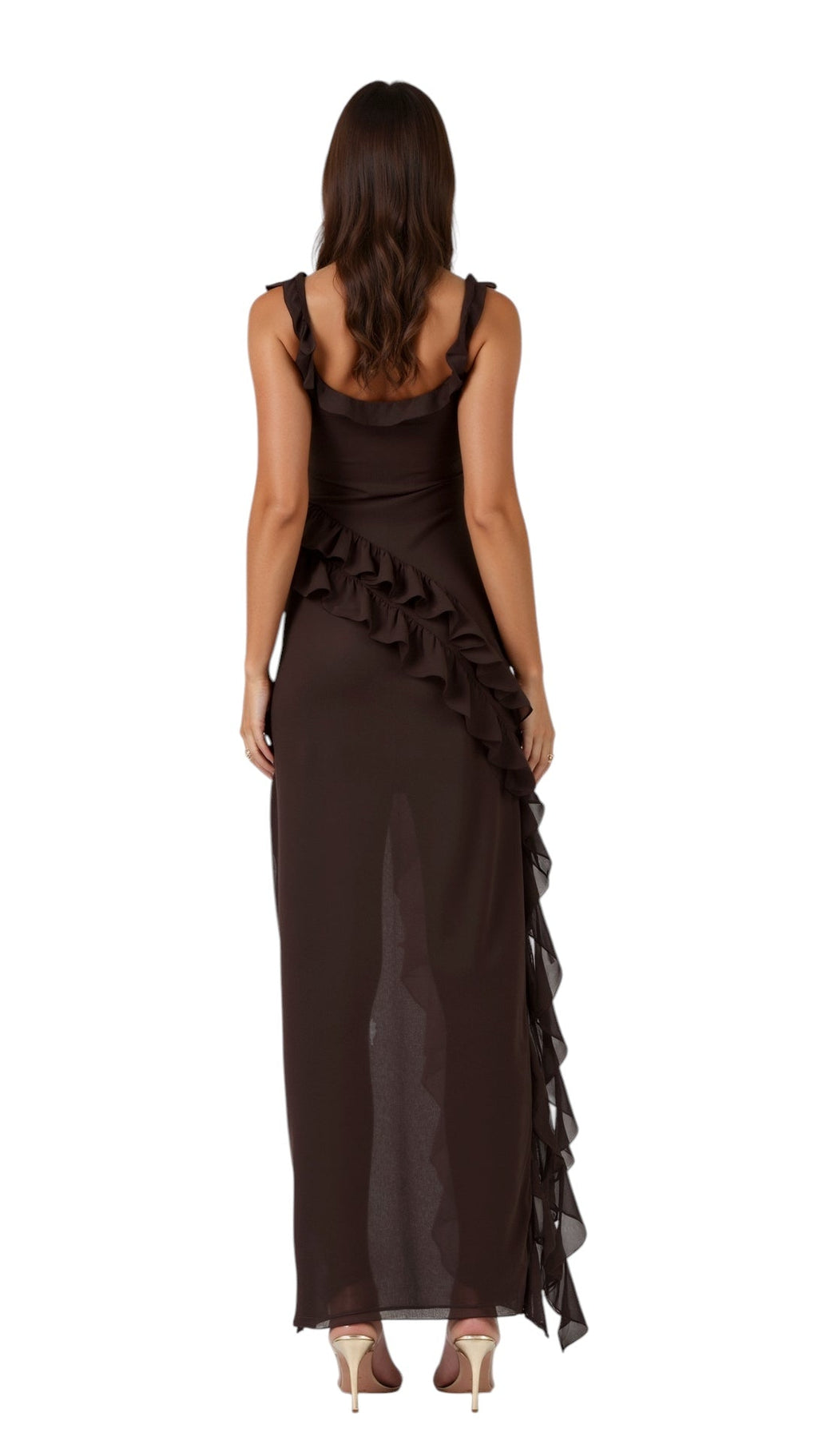 Breslin | Women's Ruffled Muse Asymmetrical Maxi Dress