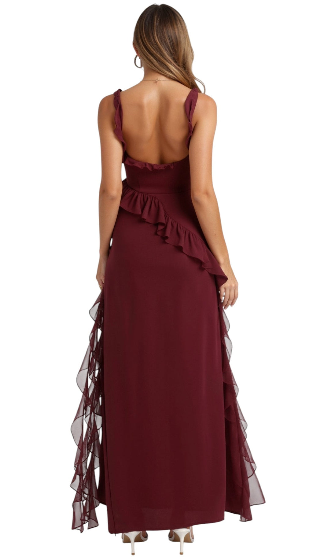 Breslin | Women's Ruffled Muse Asymmetrical Maxi Dress