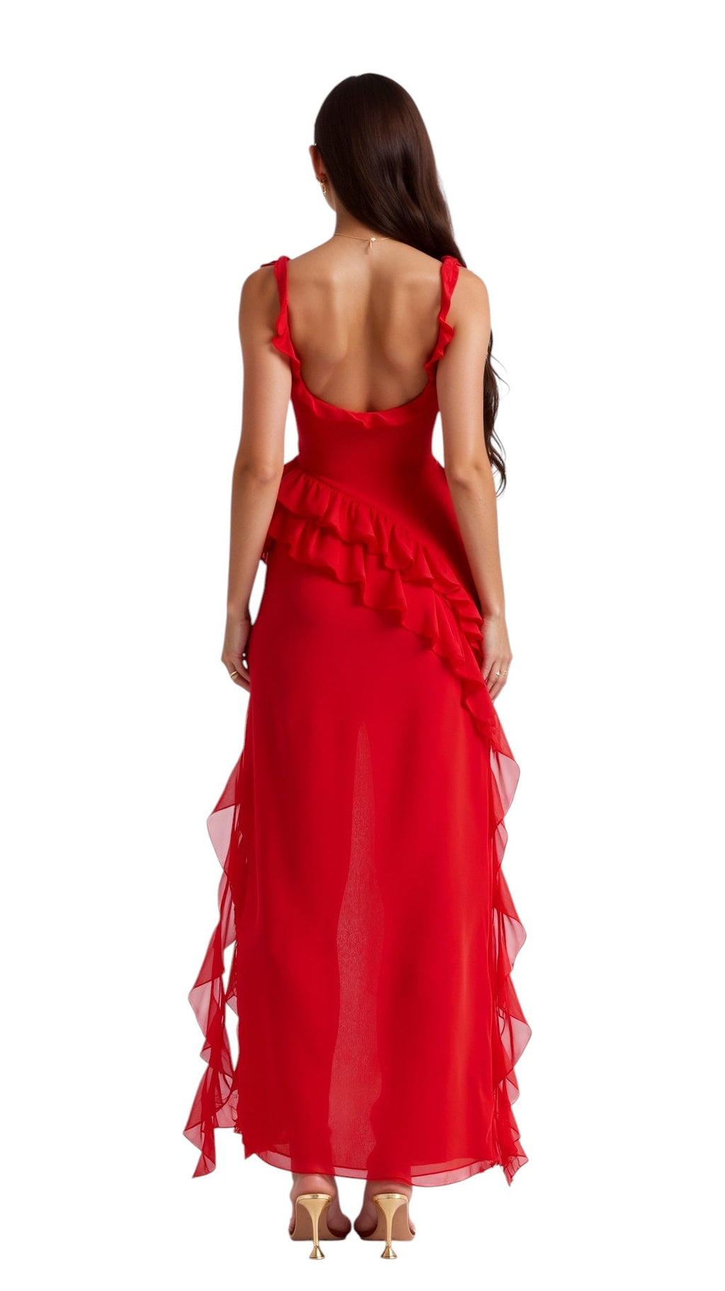 Breslin | Women's Ruffled Muse Asymmetrical Maxi Dress